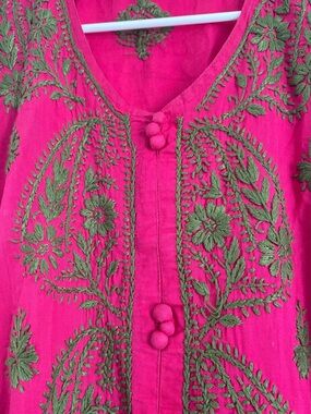 Fuscia pink with green embroidery top